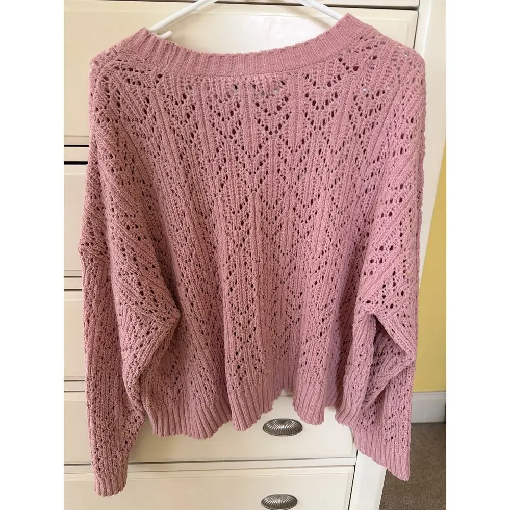 American Eagle Rose Pink Sweater Size Large Pointelle Crew Neck Lacy Twee Fairy